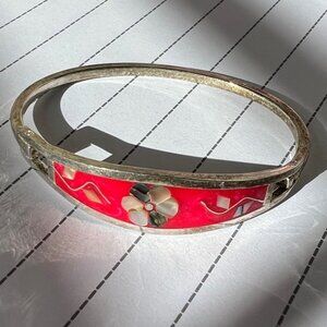 Mexico Alpaca Silver Tone Pink Enamel Mother of Pearl Shell Cuff Bangle Bracelet